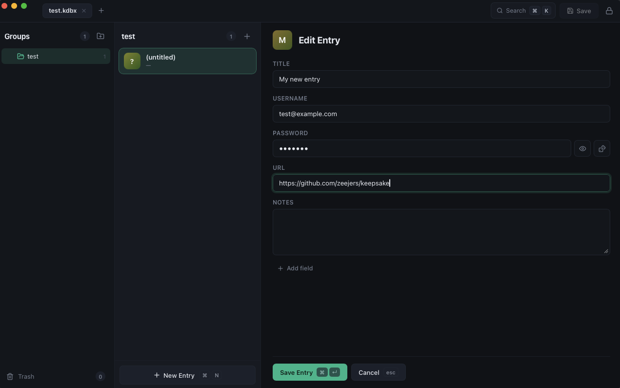 Keepsake: groups, entries, and entry editing in a three-pane layout